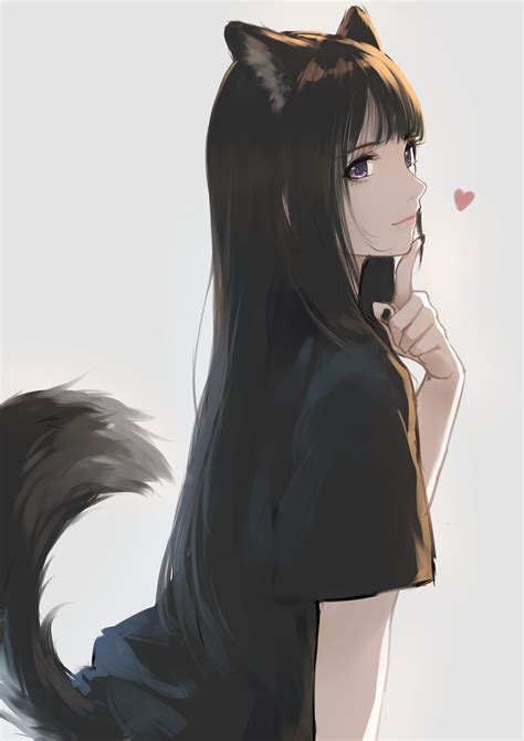 Straight Hair Dark Hair Wolf Girls Black T Shirt Anime Girls Anime Tail Heart Design