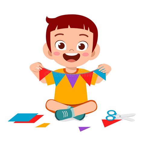 Happy Cute Little Kid Boy Make Paper Craft Stock Vector Illustration