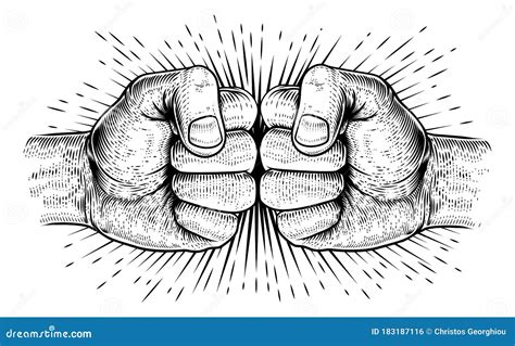Two Hands Fist Bump Punch Woodcut Fists Stock Vector Illustration Of