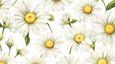Seamless Pattern Of Daisy Flower In Watercolor Style Isolated On White