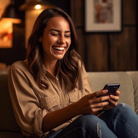 Premium Ai Image A Woman Is Smiling And Looking At Her Phone