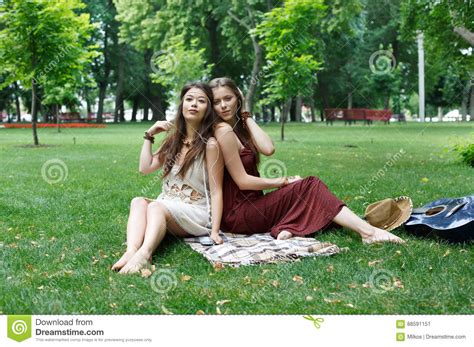 Two Happy Boho Chic Stylish Girlfriends Picnic In Park Stock Image Image Of Cute Boho 88591151