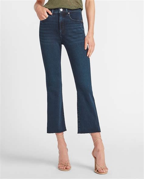 Express High Waisted Raw Hem Cropped Flare Jeans In Dark Wash