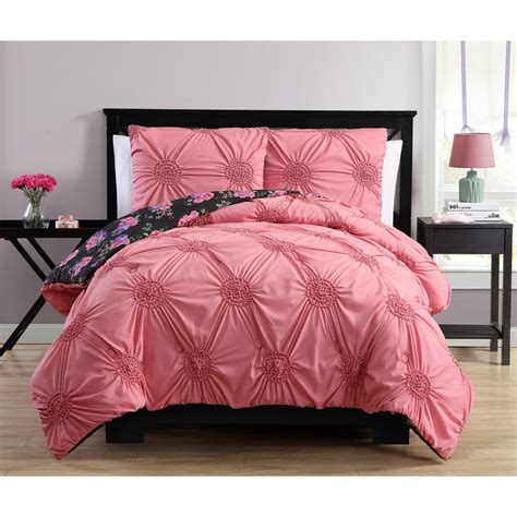Vcny Home Davina Floral Pintuck Reversible Comforter Set Twin Pink