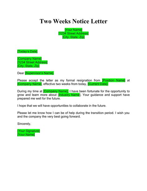 Template For Two Weeks Notice Collection