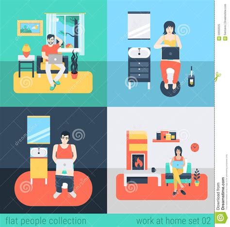 People Work At Home In Freelance Vector Flat Concept Stock