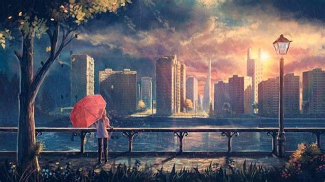 Artwork Fantasy Art Anime Rain City Park Umbrella