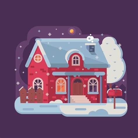 Winter Cozy House Snowy Scene En Flat Vector Premium