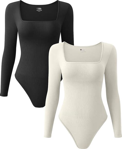 Oqq Womens 2 Piece Bodysuits Sexy Ribbed One Piece Square Neck Long Sleeve Bodysuits At Amazon