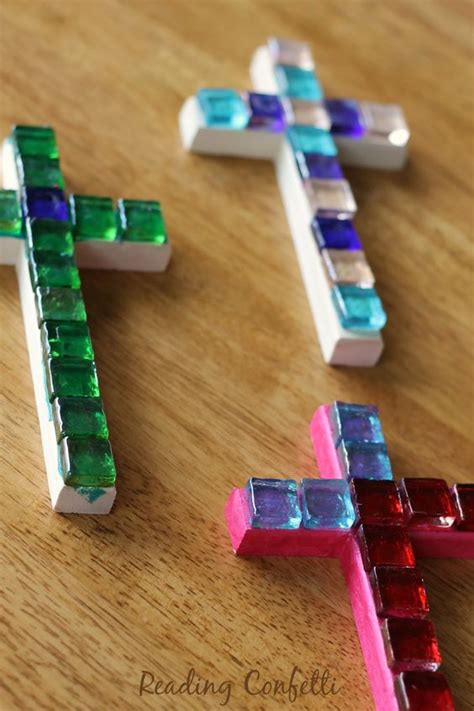 Easter baskets, stuffed bunnies and more. Easy and inexpensive mosaic crosses kids can make to give ...