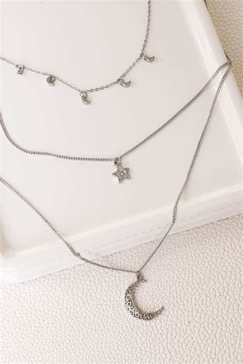 Silver Layered Necklace with Moon and Star Pendants - Lime Lush Boutique