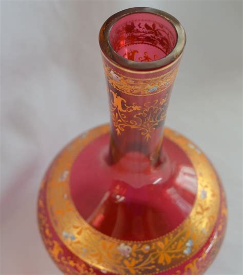 Moser Art Glass Vase Cranberry Gold And Raised Enamel Bohemian 1800s Vic