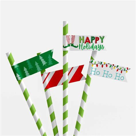 Christmas Straw Flags Template Christmas Party Straw Flags Etsy