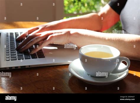 Woman Working At Laptop In Home Office With A Steaming Hot Herbal Tea
