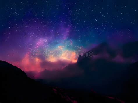 Milky Way And Pink Light At Mountains Night Colorful Landscape Starry