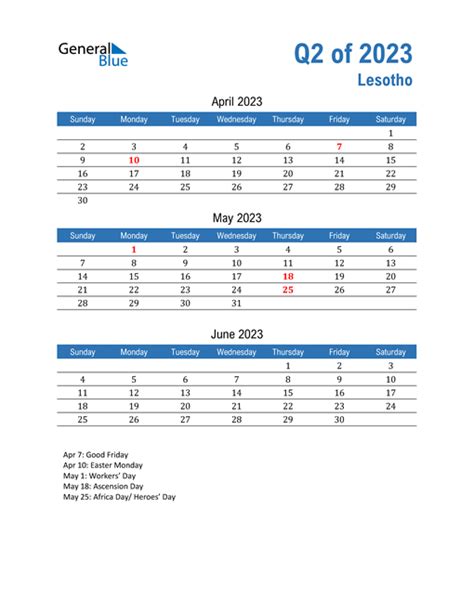 Q2 2023 Quarterly Calendar With Lesotho Holidays
