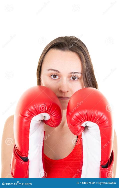 Young Sporty Woman Wearing Boxing Gloves Red In White Background Stock