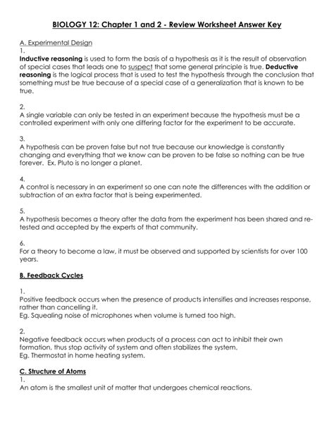 BIOLOGY 12: Chapter 1 and 2 - Review Worksheet Answer Key