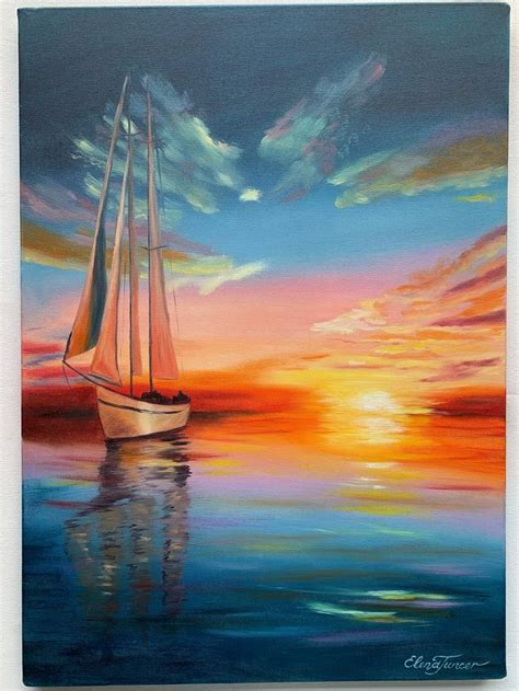 Sailing Yacht Giclee Prints Colorful Sunset Oil Painting Large Etsy