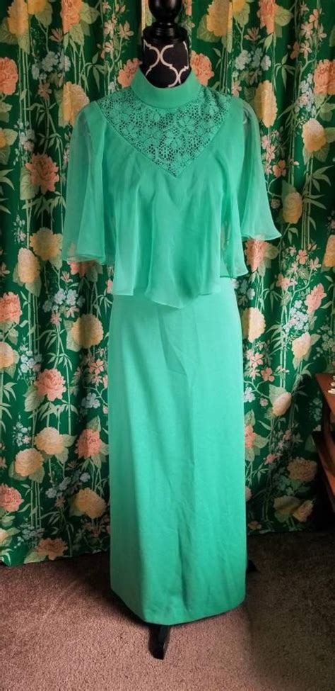 Vintage 70s Green Gown Lace Chiffon Caplet Maxi Dress Boho Etsy