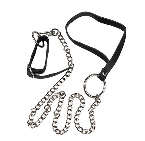 Mens Leather Penis Cock Ring With Metal Chain Leash Penis Chastity