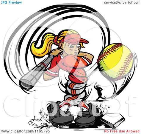 Cartoon Of A Strong Female Baseball Player Swinging And