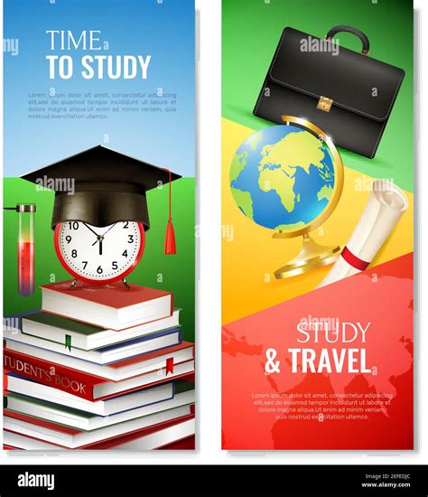 School Vertical Banners Including Graduation Hat Alarm Clock And Books