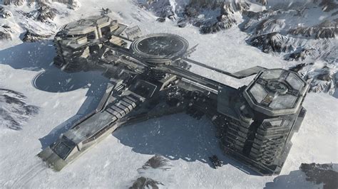 An Aerial View Of A Sci Fi Space Station In The Middle Of Snowy Mountains