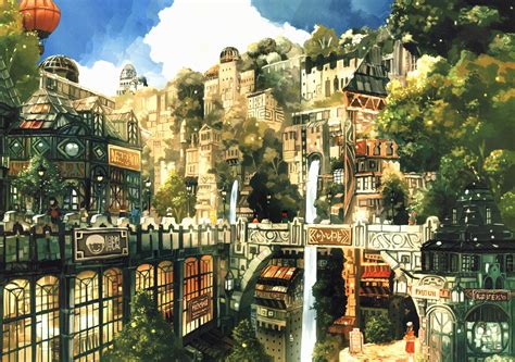 Wallpaper Waterfall Cityscape Anime Fantasy City Hot Air Balloons