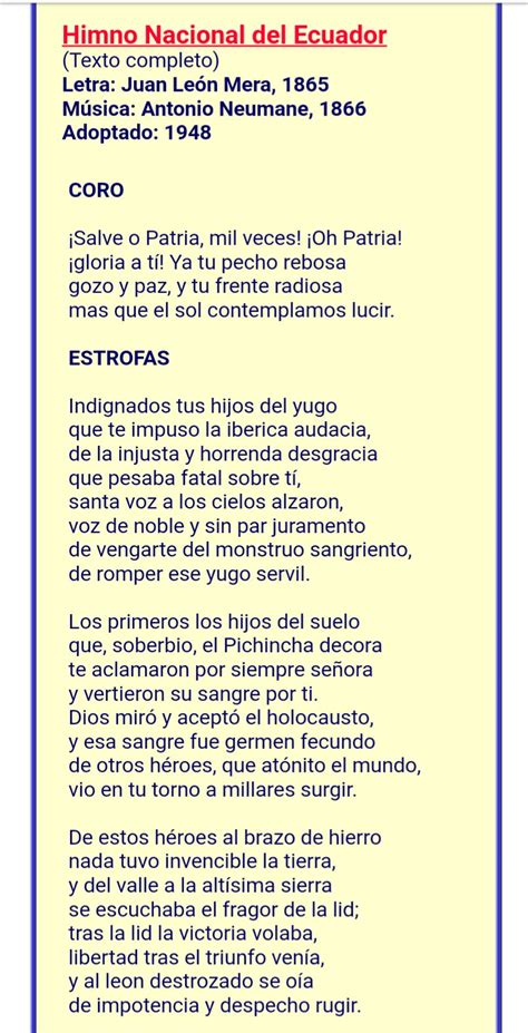 Imagen Del Himno Nacional Del Ecuador