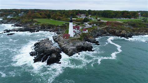 Portland Head Light Lighthouse Maine Coast Aerial Drone Stock Video