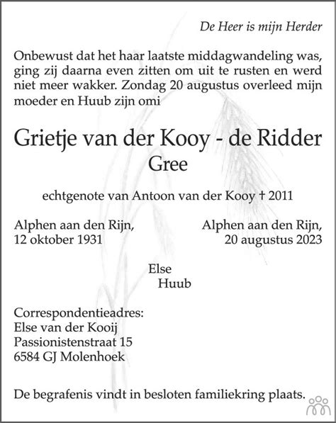 Grietje Gree Van Der Kooy De Ridder 20 08 2023 Overlijdensbericht En