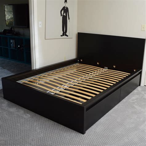 Ikea Luroy Queen Bed Frame With Storage And Bedding Ensemble Ebth