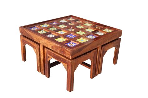 Sheesham Wood Coffee Table With Four Stools Furniture Qualities