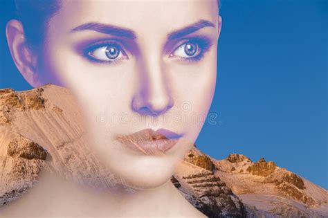 Double Exposure Portrait Of Young Beautiful Woman And Mountains Stock