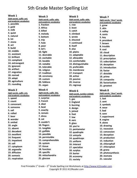 5th Grade Spelling Words List Free