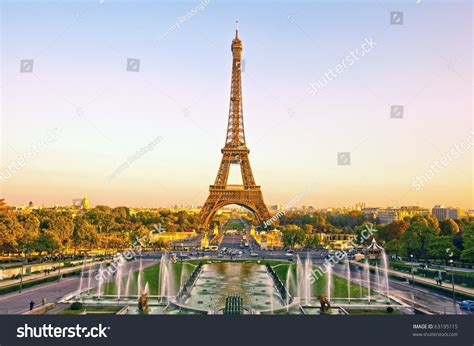 View Eiffel Tower Sunset Paris France Stock Photo 63195115