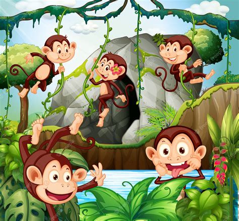 Premium Vector Monkey Hanging On Vine In Forest