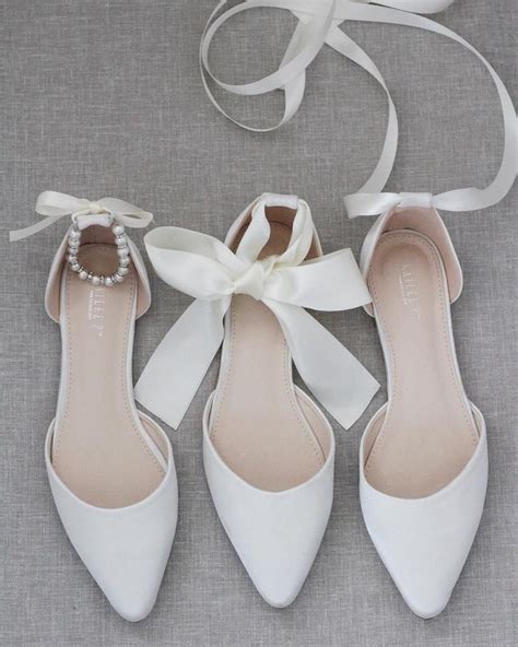 Ivory Satin Pointy Toe Flats With Satin Ankle Tie Or Ballerina Lace Up Wedding Shoes Bride