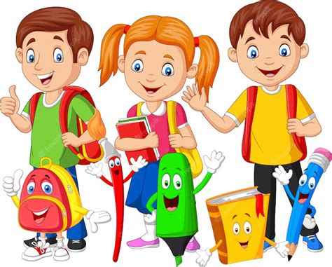 Premium Vector Cartoon Happy School Children With School Supplies