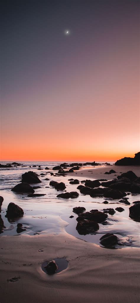 Rocky Beach Wallpaper 4k Sunrise Crescent Moon Dawn Nature 1113