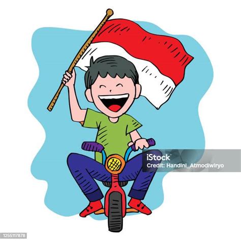 Seorang Anak Lakilaki Bersepeda Memegang Bendera Indonesia Gaya Kartun