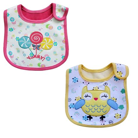 2 Pack Of Baby Waterproof Cotton Bibs With Embroidered Designs