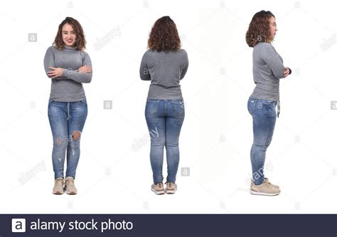 Woman With Jeans Front Back And Side View On White Background Arms