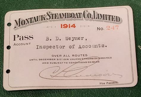 Old 1914 Montauk Steamboat Co Limited Inspectors Of Accounts Pass Card