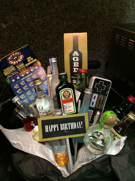 30th birthday gift basket ideas for her. Made my brother a gift basket full of small alcohol ...