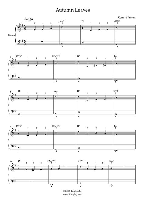 Piano Sheet Music Autumn Leaves Beginner Level Solo Piano Joseph Kosma