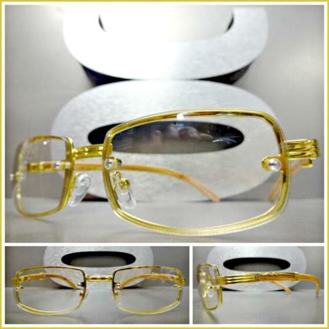 Mens Classy Elegant Retro Style Clear Lens Eye Glasses Gold And Wood