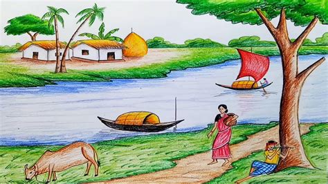 How To Draw Scenery Of Ruposhi Bangla Landscape Youtube