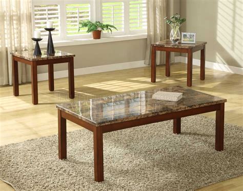 Cherry Finish Modern 3pc Coffee Table Set Wfaux Marble Top